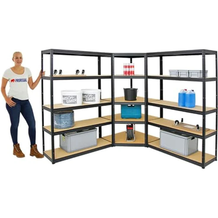 Proregal Eckregal Mega Deal + 2x Schwerlastregal Big Elephant S, 5 verstellbare Böden, Traglast 250 kg pro Boden, einfache Steckmontage, H x B x T: 180 x 90 x 219 cm – Bild 3