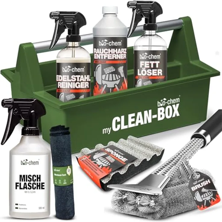bio-chem Grill Reinigungsset und Pflege Box 8-teilig, inkl. Rauchharzentferner 1L, Fettlöser 750ml, Edelstahlreiniger 750ml, Grillbürste und Zubehör