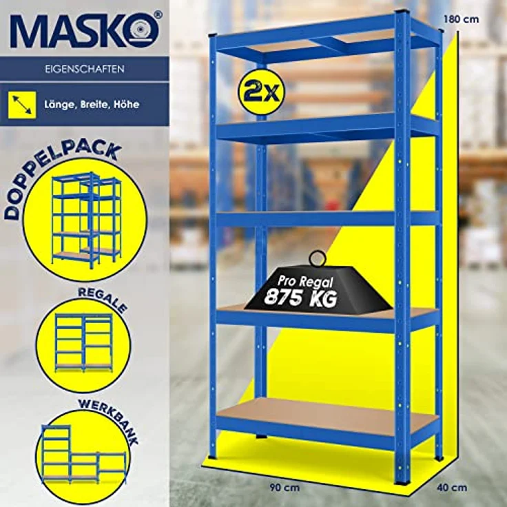 MASKO 2er-Set Lagerregal Schwerlastregal, Kellerregal , bis 875 kg belastbar, 5 verstellbare Ablagen, MDF-Platten Regal aus Metall, Steckregal, Werkstattregal, Keller, Garage 2x 180x90x40cm 5-Böden, 2x Blau 875kg – Bild 2