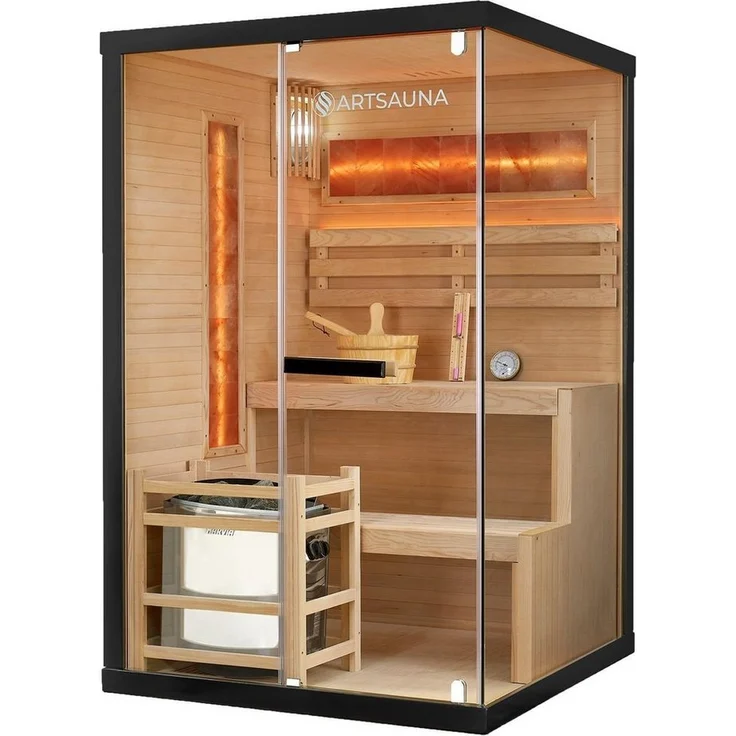 Artsauna Sauna Vantaa 120, Moderne 2 Personen Saunakabine mit Salzsteinen und Ambientebeleuchtung, Schwarz/Natur – Bild 1