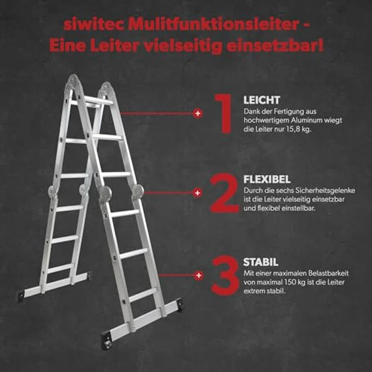 siwitec Mehrzweckleiter 4 x 3 Stufen, Leiter mit 2 Gerüstplatten, Aluleiter bis 150 kg, 12 Stufen, TÜV/GS zertifiziert – Bild 5