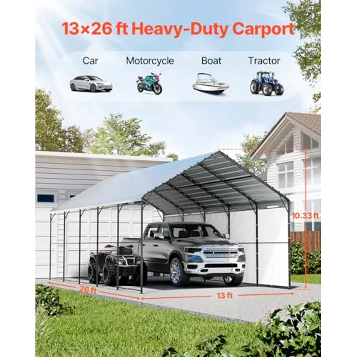 VEVOR Zeltgarage, 4 x 8 x 3,15 m, Carport mit Stahlrahmen und verzinktem Dach, abnehmbare Seitenwände, vielseitiger Autounterstand für Pickup, Boot und Traktoren – Bild 2