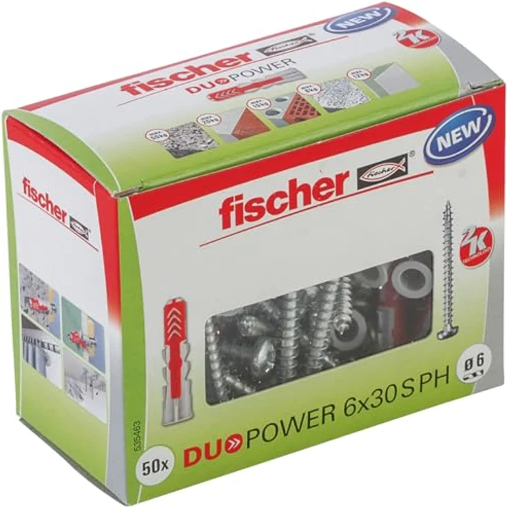 fischer DuoPower 6 x 30 S PH, Universaldübel mit Panheadschraube, 2-Komponenten-Dübel für Beton, Ziegel, Stein, Gipskarton, 50 Dübel + 50 Schrauben – Bild 1