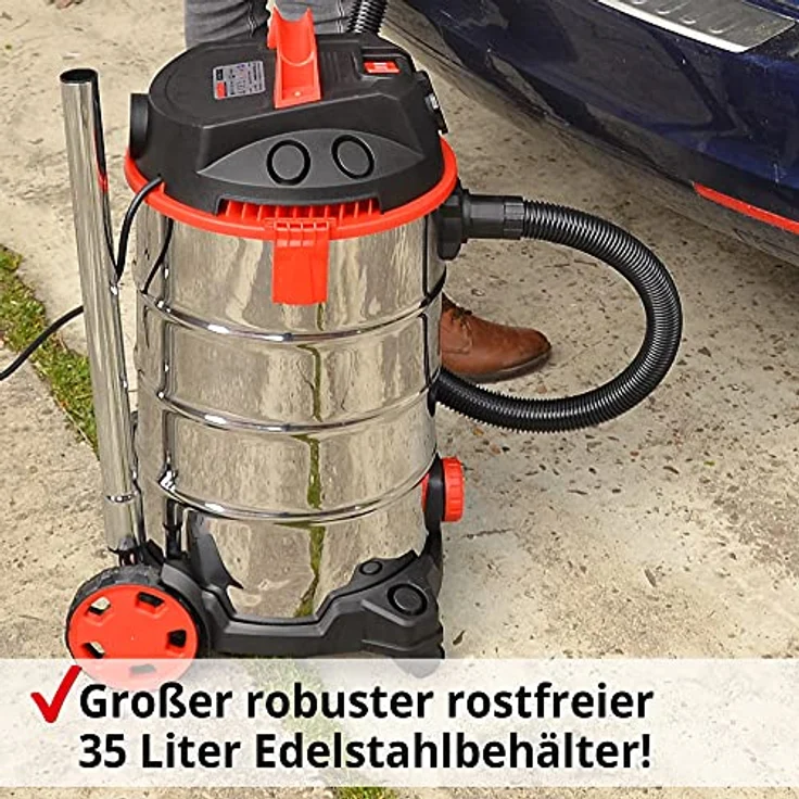 Hecht Nass- und Trockensauger, Industriestaubsauger mit 18 kPa Saugkraft, 1400W, 35L Edelstahlbehälter, Einschaltautomatik, Blasfunktion, umfangreiches Zubehör, mit & ohne Beutel – Bild 3