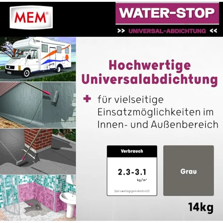 MEM Water Stop, Universalabdichtung und Feuchtigkeitssperre, für Innen- und Außenanwendung, Lösemittel-, silikon- und bitumenfrei, Grau, 14 kg – Bild 2