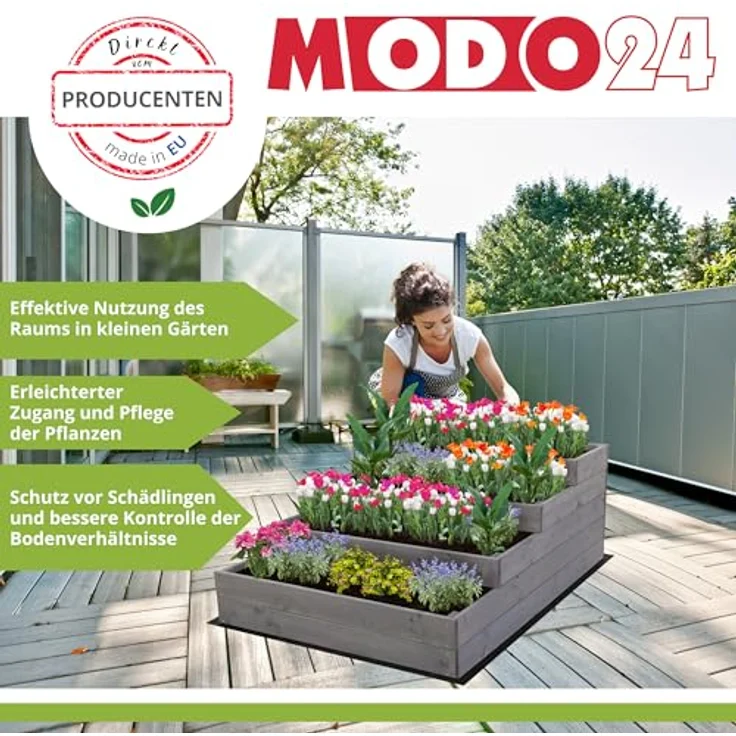MODO24 Hochbeet Holz, 4-stufiger Pflanzkasten für Gemüse und Kräuter, mit Gartenvlies, Abmessungen 54x30x120 cm, Farbe: Grau – Bild 2