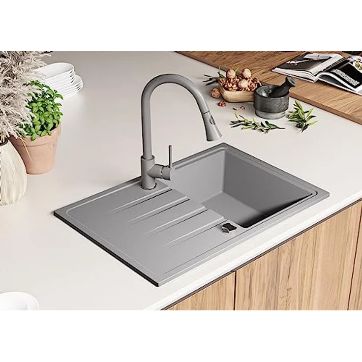 Primagran Spülbecken Grau 78x50cm, Granitspüle 1 Becken + Ablauf-Set, Küchenspüle ab 45er Unterschrank - Mailand, schmutzabweisend und hitzebeständig – Bild 2