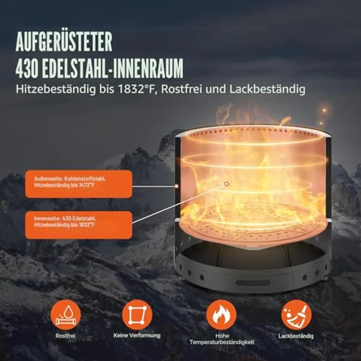 VEVOR Rauchfreier Feuerstellenofen, 18 Zoll x 28 Zoll, tragbare Edelstahl Feuerstelle mit abnehmbarer Aschepfanne und sicherem Abstand für den Außenbereich – Bild 3