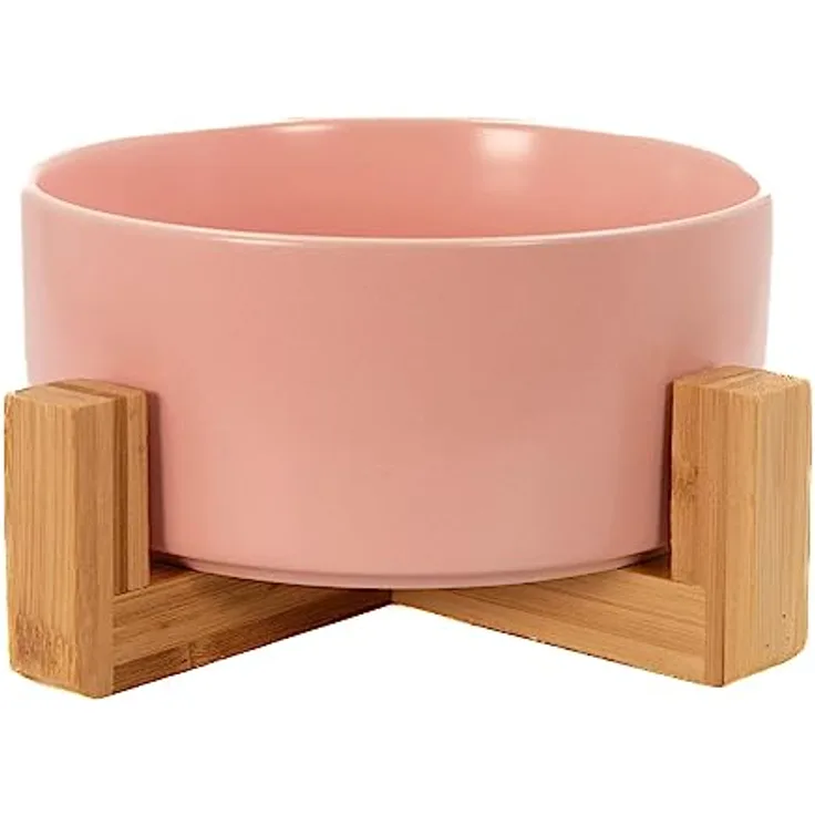 Intirilife Futternapf aus Keramik mit Gestell in Pink - Gesamt 20.5 x 8.5 cm - Napf 15.5 x 6.5 cm - 800 ml Füllmenge - Fressnapf, Trinknapf für Hunde und Katzen mit Bambushalter