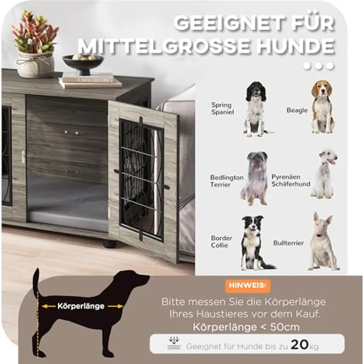 PawHut Hundekäfig, Hundehaus mit Kissen, Verschließbare Vordertür, Indoor Hundehütte mit Drahtgeflecht-Belüftung für mittelgroße Hunde bis 20 kg, Grau, 80 x 56 x 63 cm – Bild 3
