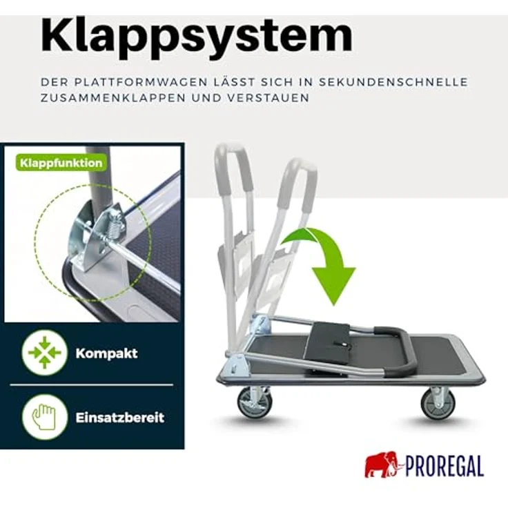 PROREGAL® Transportwagen RHINO, Klappbarer Profi-Transportwagen mit 300 kg Traglast, 2x 360° Lenkrollen & 2x Bockrollen mit Feststellbremse, rutschfeste Ladefläche, praktischer Werkzeugtasche – Bild 3