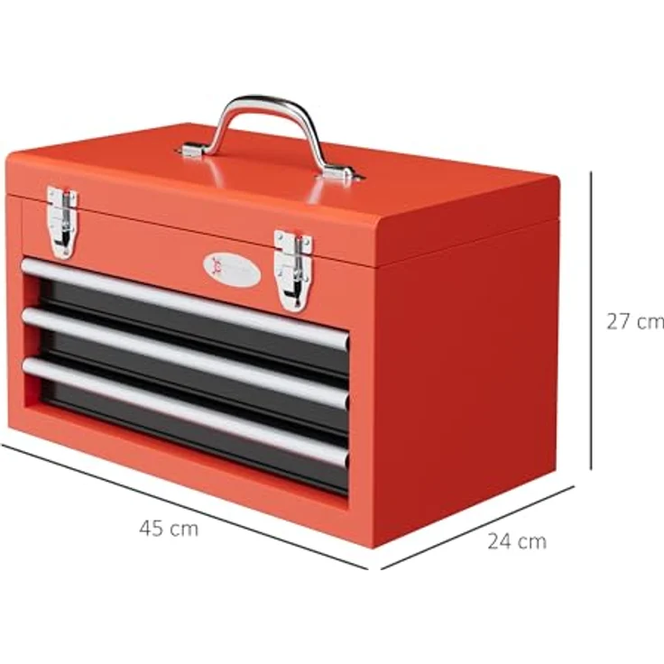 Durhand Werkzeugbox leer, 45 x 24 x 27 cm, mit 3 Schubladen, Oberes Staufach, Handgriff, 2 Schlösser, Stahl, Rot – Bild 5