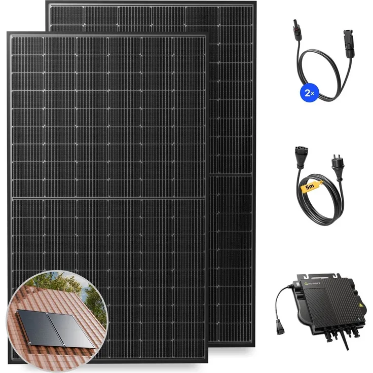 Solakon Balkonkraftwerk 900W, Photovoltaik-Komplettset mit Ziegeldach Halterung, Steckerfertig, 10m Kabel, bifaziale N-Typ-Solarzellen