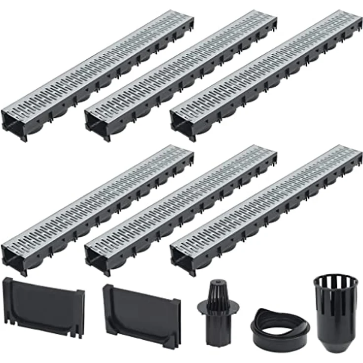 vidaXL 6x Entwässerungsrinne Komplett Set, verzinkter Stahl, 6m, korrosionsbeständig, schwarz und silber – Bild 1
