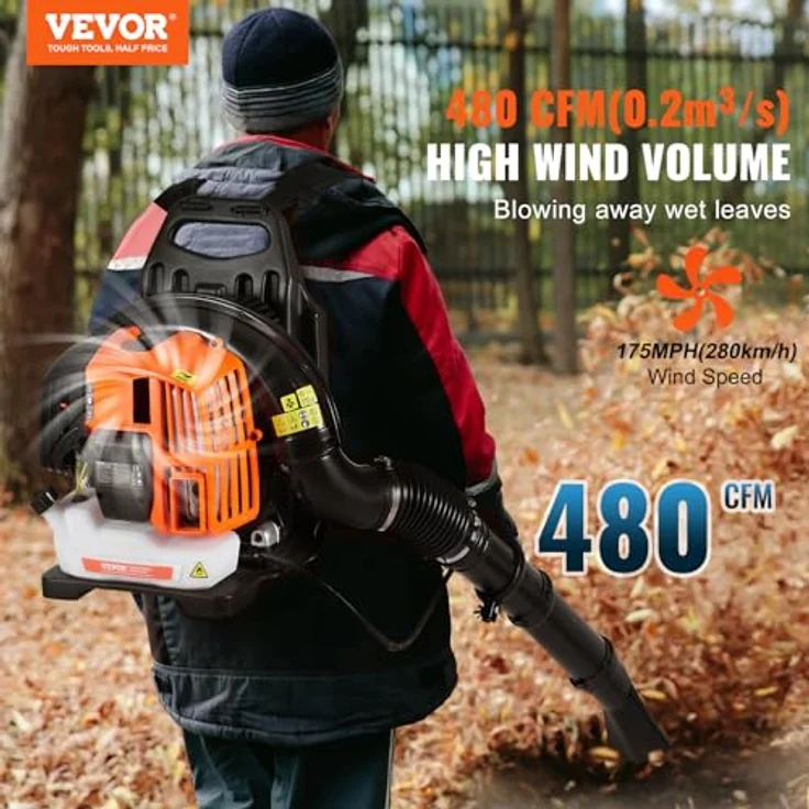 VEVOR Rucksack-Laubbläser, 52 CC 2-Takt-Benzin, 1,37 l Kraftstofftank, 480 CFM, 175 MPH, ideal für Rasenpflege und Laubreinigung – Bild 2