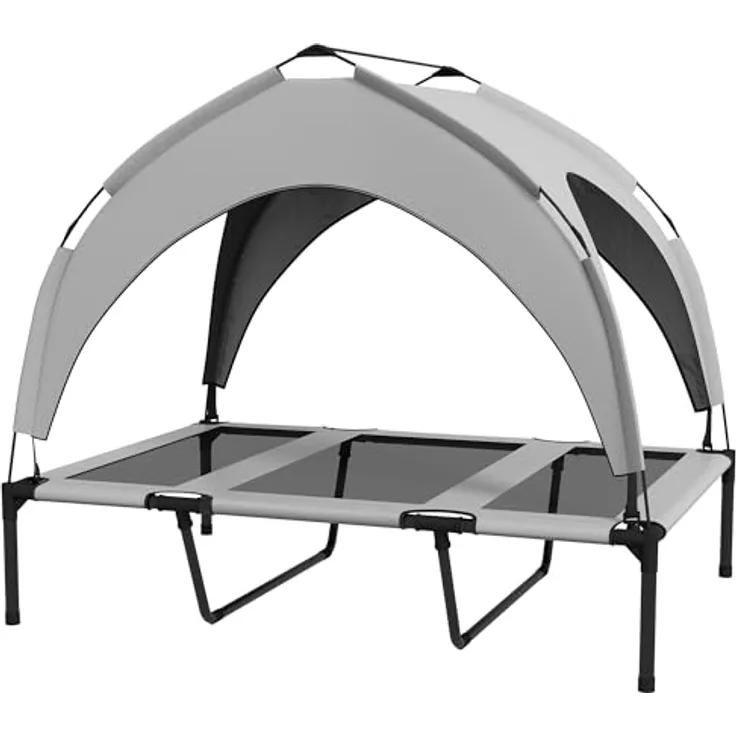 PawHut Erhöhtes Hundebett mit Baldachin, Haustierbett, Outdoor Hundeliege mit Dach, Atmungsaktiv, für große Hunde Hellgrau Oxford 106 x 76 x 94 cm