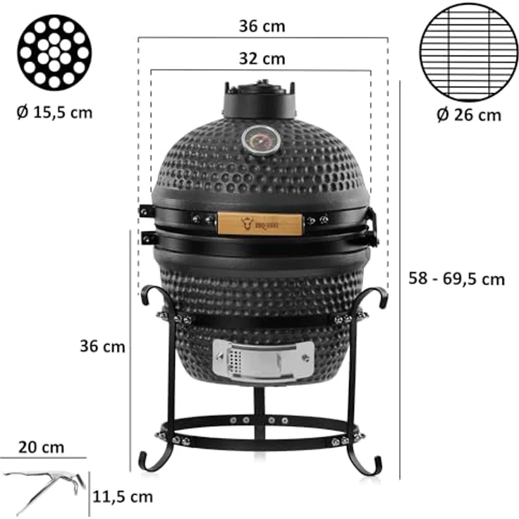 BBQ-Toro Kamado Grill Holzkohlegrill Haiiro Ø 32 cm mit Thermometer, Holzgriff | Matt Grau, Bubble Frosted Glaze | Kamado Keramikgrill, Mini Holzkohlegrill, Mini Kamado Grill, Keramik Grill – Bild 3