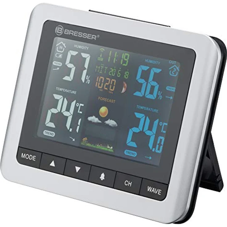 Bresser 7007510 Wetterstation Funk mit Außensensor, Innen- und Außenthermometer, Hygrometer, Luftdruck, Mondphasen und Wettervorhersage, Grau – Bild 2