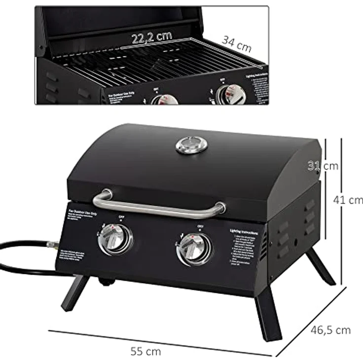 Outsunny Tischgrill Gasgrill BBQ mit 2 Brennern mobiler Grillwagen Grillnetz klein Outdoor Tischgasgrill Picknick mit Druckminderer Schlauch Edelstahl Schwarz 55 x 46,5 x 41 cm - Preisvergleich – Bild 5