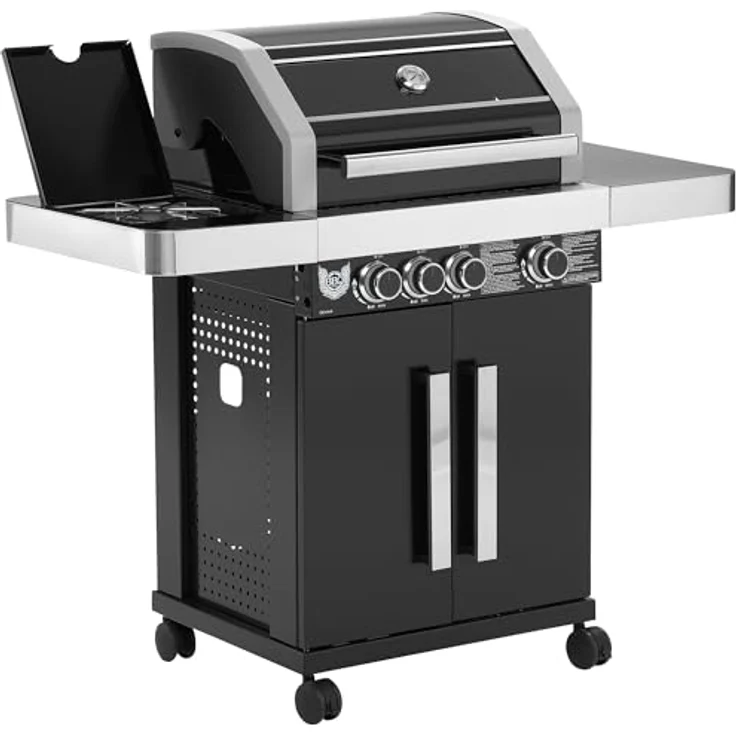 Maxxus Gasgrill BBQ CHIEF 6.0-3 Edelstahl Brenner, Seitenbrenner, 10,5 kW, Gusseisen Grillrost, Deckel, Thermometer, Rollen, Schwarz - Grill, Grillwagen, Grillstation – Bild 1