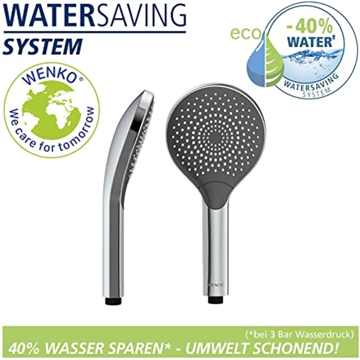 WENKO Wasserspar Duschkopf Watersaving, wassersparende Universal-Handbrause, Duschbrause mit nachhaltigem Wasserspar-System, 40% Wasser sparen bei vollem Komfort, Duschkopf Ø 12 cm, ABS verchromt – Bild 2