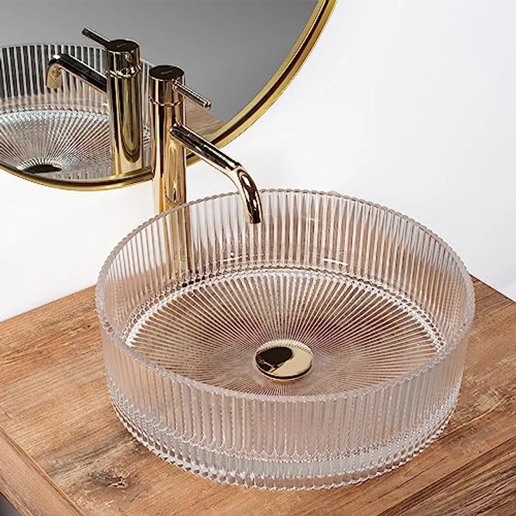 wohnwerk.idee Aufsatzwaschbecken Glaswaschbecken Ingrid Ø39,5 Schwarz Grau Weiß rund, modernes Design mit gerippter Oberfläche und luxuriösem goldfarbenen Wasserhahn – Bild 7