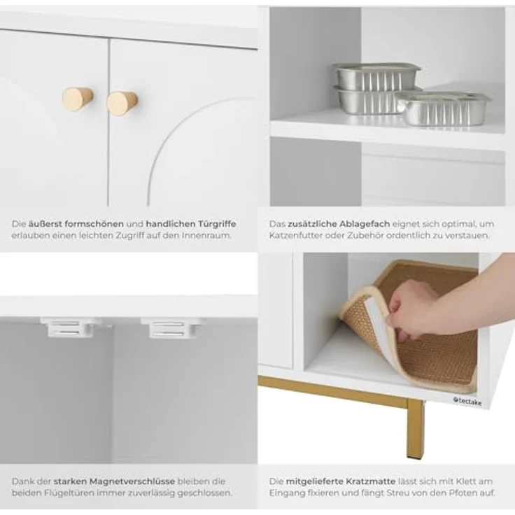 tectake® Katzentoilette Schrank, 2-in-1 Katzenklo Möbel mit Ablage und Kratzmatte, weiß/gold – Bild 5