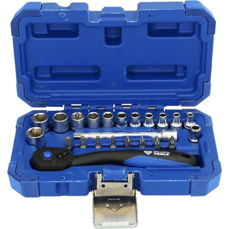 Brilliant Tools Bit- und Steckschlüsselset BT020023, 23-teiliges 1/4" Set mit 12 Sechskant-Stecknüssen und 8 Bits, Chrom-Vanadium-Stahl, matt verchromt, im praktischen Koffer – Bild 6