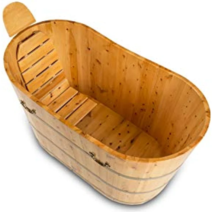 DEKO VERTRIEB BAYERN XXL Luxus freistehende Holz-Badewanne 150cm aus rotem Zedernholz, pflegeleichte Oberfläche, inklusive Ablaufgarnitur und Hygienesiegel, Abmessungen 150 x 62 x 85 cm – Bild 2