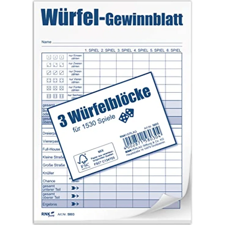 RNK 5803 - Würfelspiel-Block DIN A6, 3 Blöcke je 85 Blatt für 1.530 Spiele