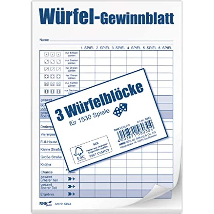 RNK 5803 - Würfelspiel-Block DIN A6, 3 Blöcke je 85 Blatt für 1.530 Spiele – Bild 1