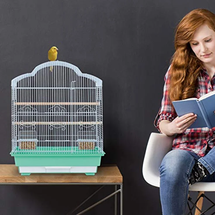 Relaxdays Vogelkäfig, Metallkäfig für kleine Kanarienvögel, Sitzenstangen & Futternäpfe, HBT 56,5 x 46,5 x 35,5 cm, grün – Bild 2