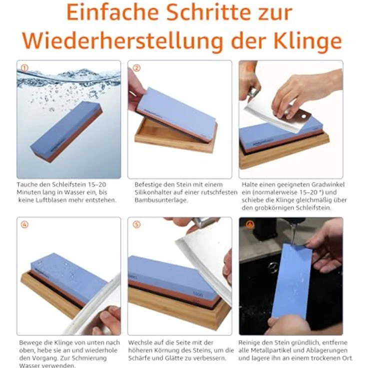 Amazon Basics Messerschärfstein, doppelseitig, 400/1000 Körnung, rutschfeste Bambusunterseite, 18 x 6.1 x 2.8 cm, Blau und Rot – Bild 4