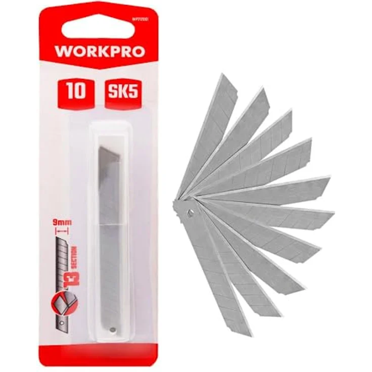 WORKPRO WP212001 Messerklinge 9 mm, 10er Set, hochfeste Trapezform aus SK5 Karbonstahl für starke Schnittarbeiten – Bild 1