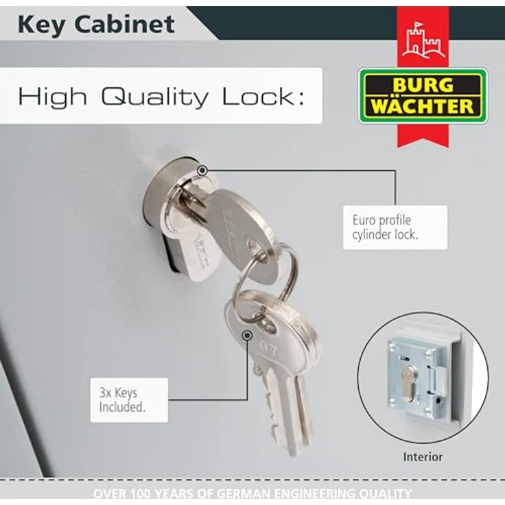 BURG-WÄCHTER PZ 6850, abschließbarer Schlüsselkasten mit 200 Haken, Stahl lichtgrau, ideal zur Schlüsselaufbewahrung – Bild 3