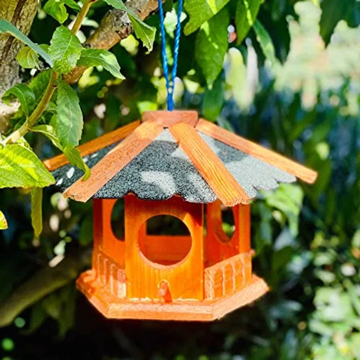 Vogel Futter Haus Futterstelle Sechseck aus Holz Vogelhaus zum Hängen Braun-Grün