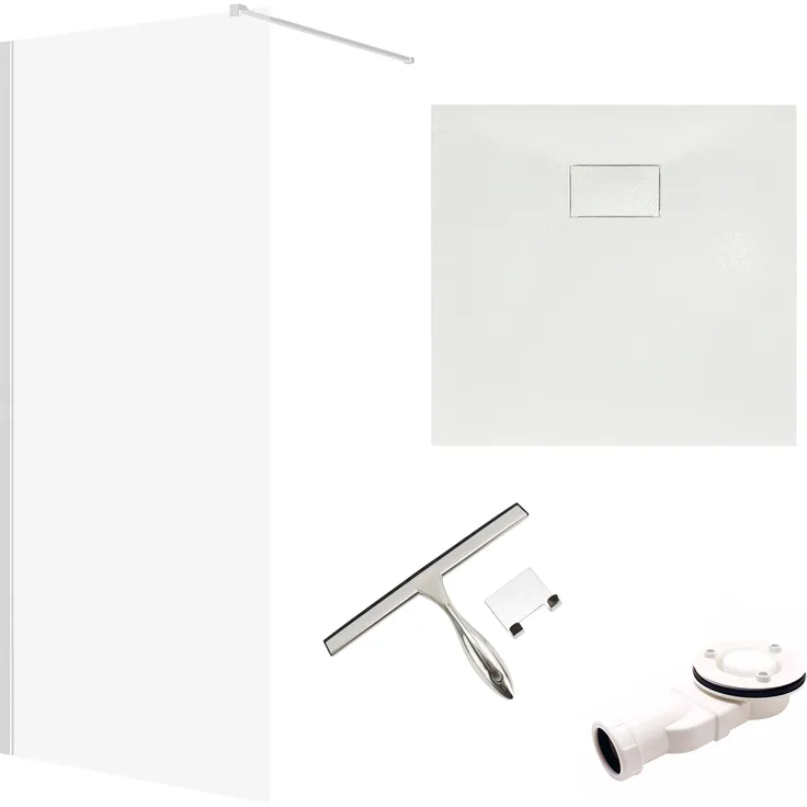 Badland KETIL VIDAR, Walk-In Dusche 80x195 cm mit Duschwanne 80x80 cm, gehärtetes 8 mm Nano Glas, Weiß Steinoptik, inkl. Siphon & Badwischer