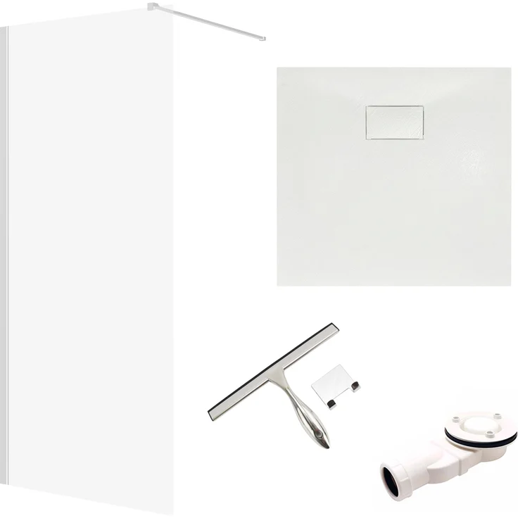 Badland KETIL VIDAR, Walk-In Dusche 80x195 cm mit Duschwanne 80x80 cm, gehärtetes 8 mm Nano Glas, Weiß Steinoptik, inkl. Siphon & Badwischer