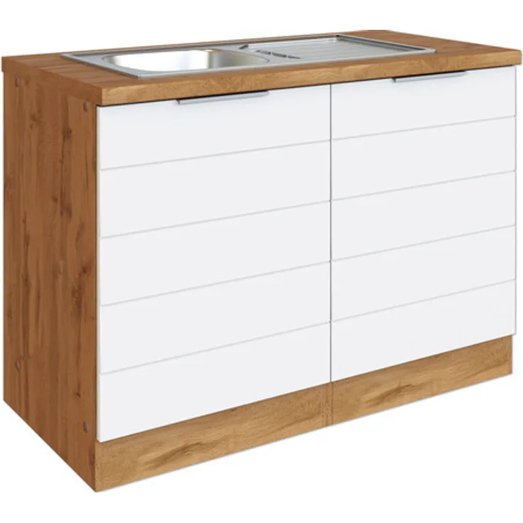 Held Möbel Spülenschrank inkl Spüle Florenz BxTxH 120 x 60 x 86 cm weiß matt zerlegt Anschlag reversibel 665.6291, mit Wotan-Eichefarben und großzügigem Stauraum