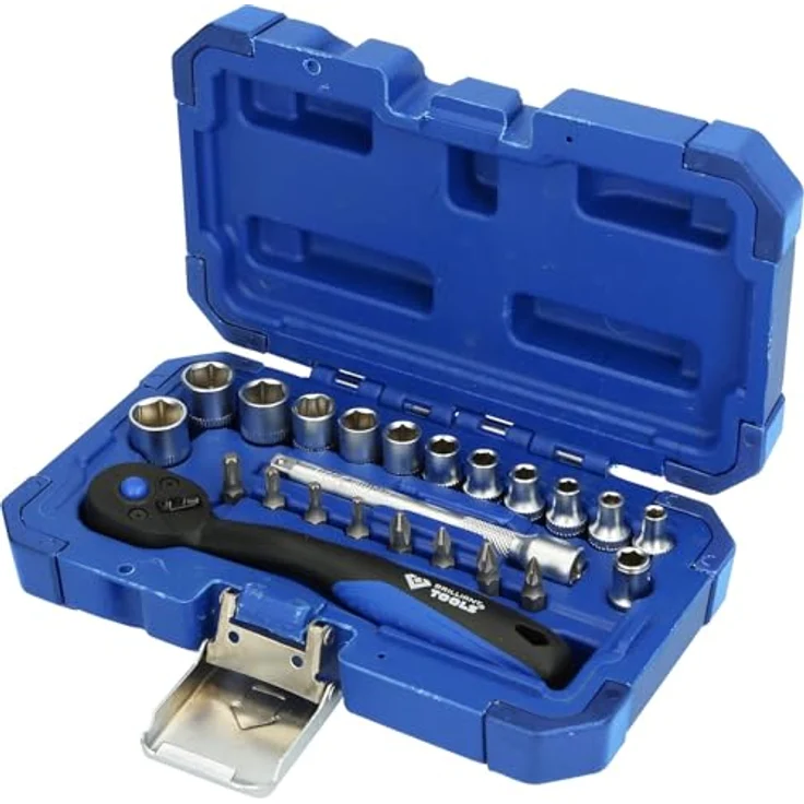 Brilliant Tools Bit- und Steckschlüsselset BT020023, 23-teiliges 1/4" Set mit 12 Sechskant-Stecknüssen und 8 Bits, Chrom-Vanadium-Stahl, matt verchromt, im praktischen Koffer – Bild 1