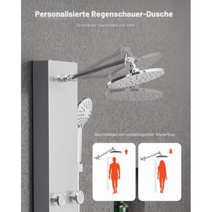 VEVOR Duschpaneel-Turmsystem 3 in 1 mit 124 cm Duschsäule aus gebürstetem Edelstahl, Regenwasserfall-Duschkopf, Handbrause & 6 Massagedüsen zur Wandmontage – Bild 4