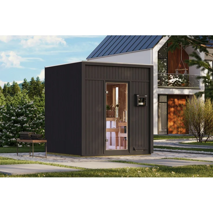 Karibu Saunahaus Avenal, schwarze Gartensauna mit 9 kW Ofen, 73 mm Elemente, 220x217x244 cm