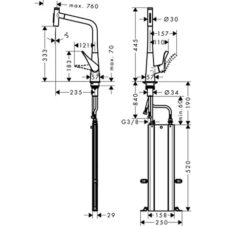 Hansgrohe Metris Select M71, Küchenmischer Select 320 2jet mit Ausziehbrause und sBox, Edelstahl Finish, schwenkbar, temperaturbegrenzt, integrierter Rückflussverhinderer – Bild 6