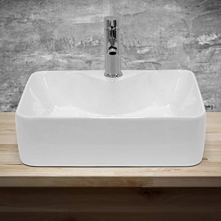 ECD Germany Design Waschbecken Waschtisch 480 x 380 x 140 mm inkl. Ablaufgarnitur für Waschbecken ohne Überlauf - Keramik Weiß Aufsatzbecken Aufsatzwaschbecken Waschschale Aufsatzwaschtisch Spülbecken – Bild 3
