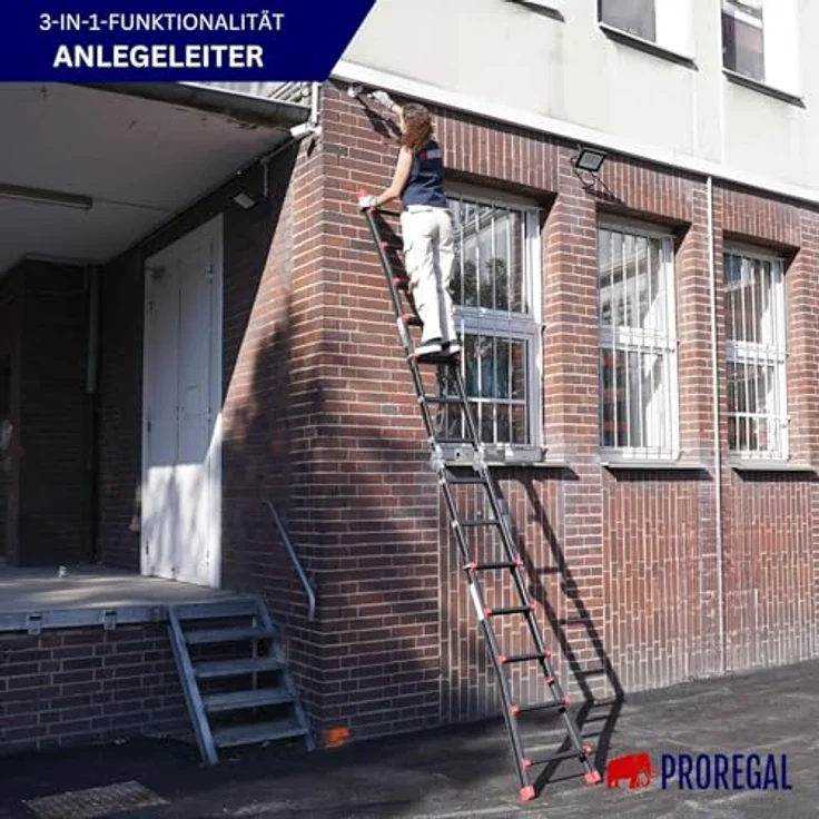 PROREGAL APOLLO 3-in-1 Sprossen-Mehrzweckleiter, Aluminiumleiter bis 4m Höhe, Traglast 150kg, schwarz, klappbar, teleskopierbar, für Treppen und als Anlegeleiter – Bild 4