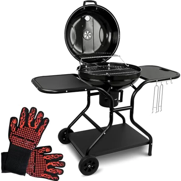 deluxe4home® Kugelgrill Ø55 cm mit Ablagefläche I Rollbarer Grillwagen mit Deckel I BBQ Holzkohlegrill, Grill rund für Holzkohle Barbecue Grill, schwarz – Bild 1