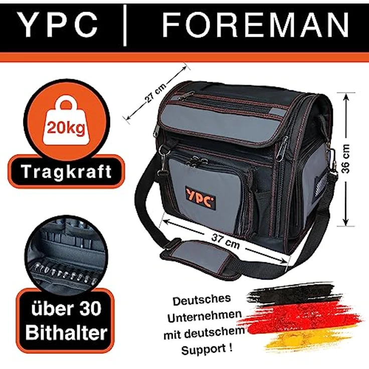 YPC Foreman Werkzeugtasche XL – Wasserfest, Reißfest, 20 kg Tragkraft, Grau-Schwarz – Bild 2