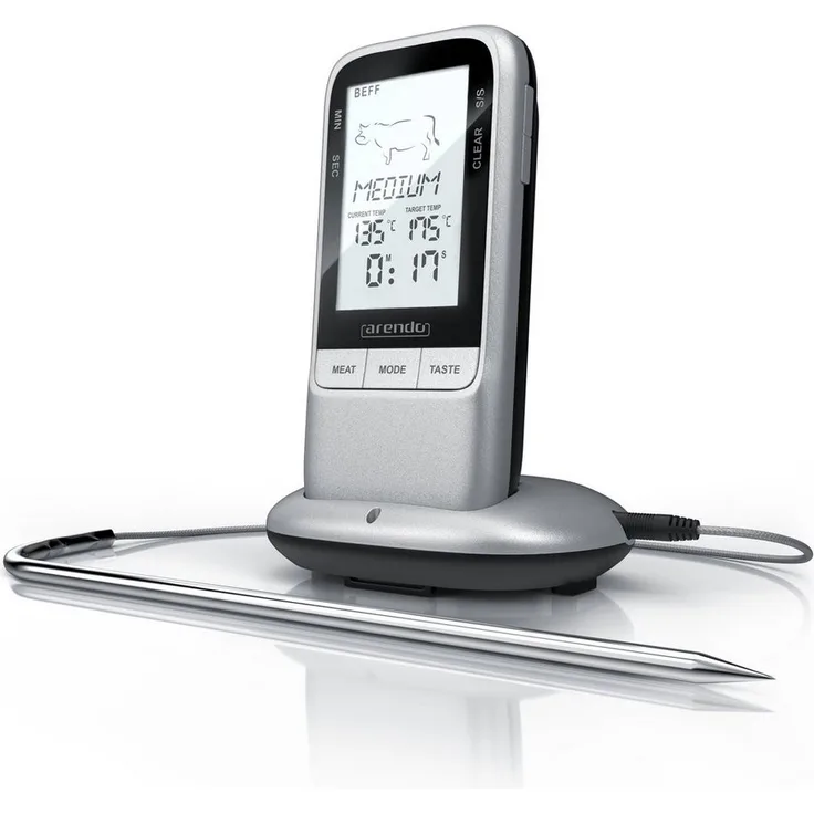 Arendo Grillthermometer Fleischthermometer, BBQ Steak Grill, Digital, Funk, Kabellos, Edelstahlsonde bis Max. 250°C, LCD-Display mit Hintergrundbeleuchtung