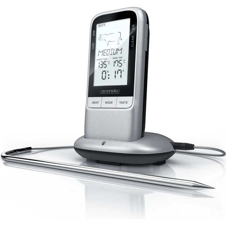 Arendo Grillthermometer Fleischthermometer, BBQ Steak Grill, Digital, Funk, Kabellos, Edelstahlsonde bis Max. 250°C, LCD-Display mit Hintergrundbeleuchtung – Bild 1