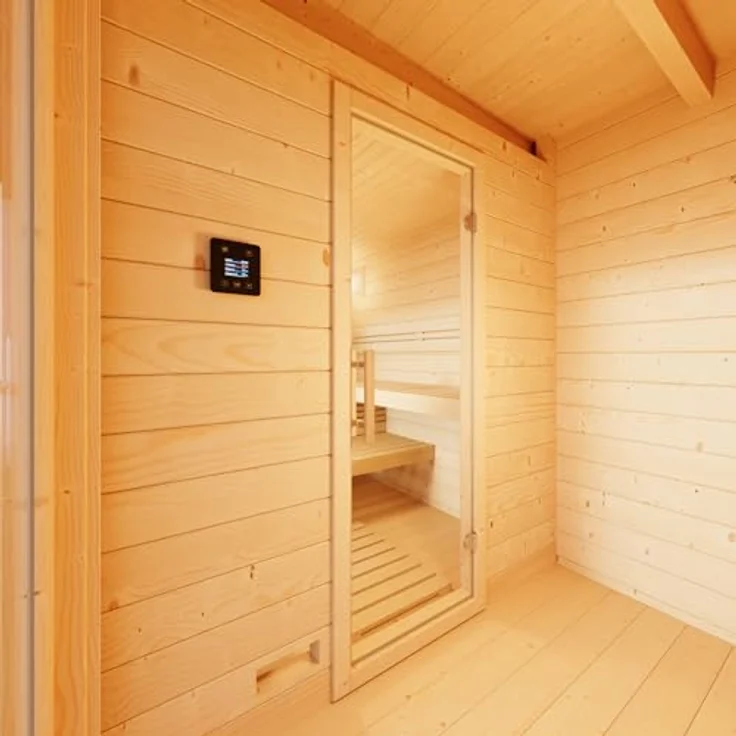 Infraworld Gartensauna Terra 2B, Saunahaus 341 mit Blockbohlen aus nordischer Fichte 70mm, Espe Inneneinrichtung – Bild 6